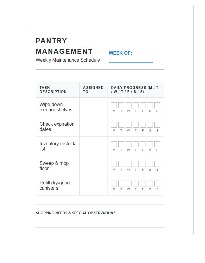 Weekly Pantry Chore Management Chart Printable