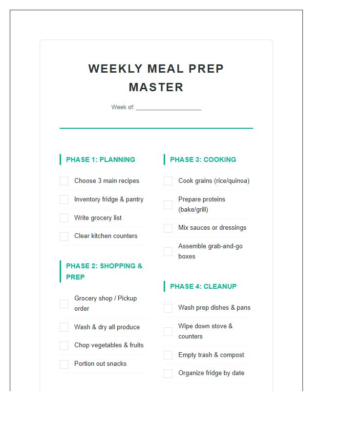 Beginner Weekly Meal Prep Chore Chart Printable