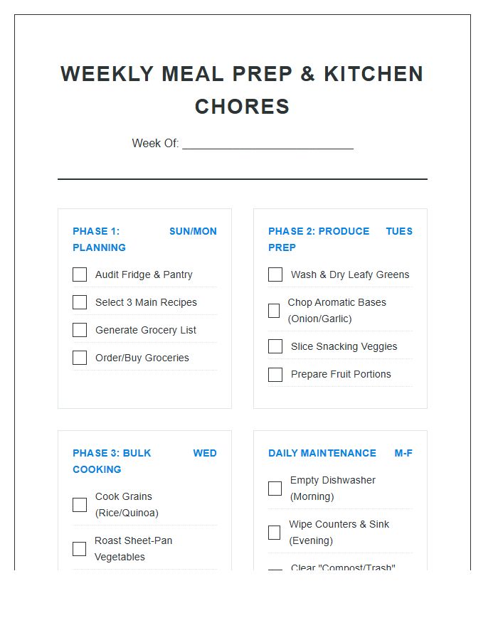 Categorized Weekly Meal Prep Chore Chart Printable