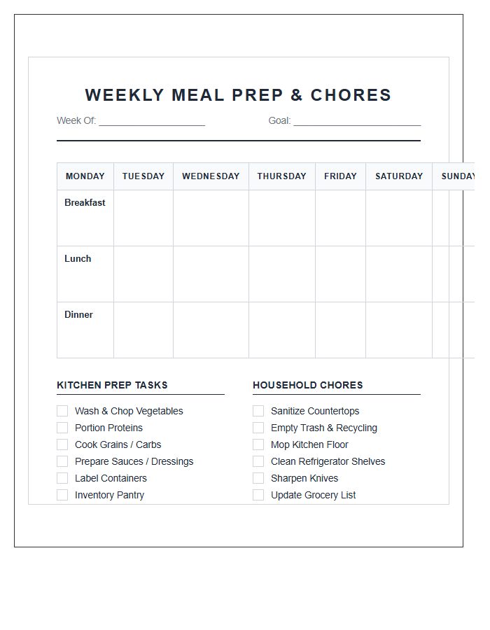 Classic Weekly Meal Prep Chore Chart Printable