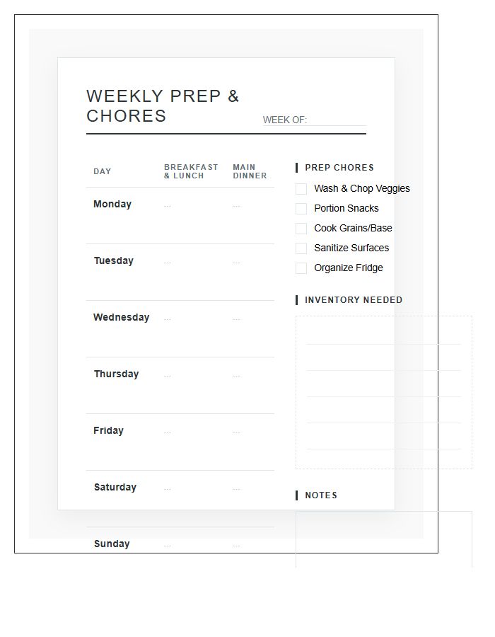 Designer Weekly Meal Prep Chore Chart Printable