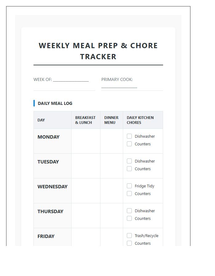 Detailed Weekly Meal Prep Chore Chart Printable