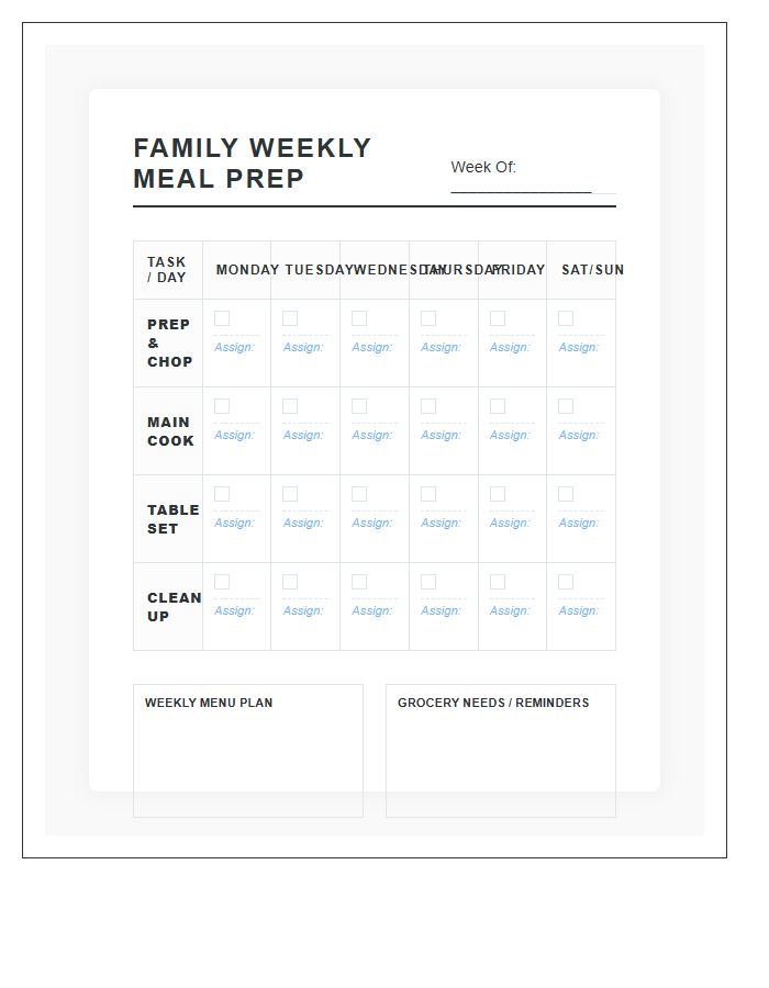 Family Weekly Meal Prep Chore Chart Printable
