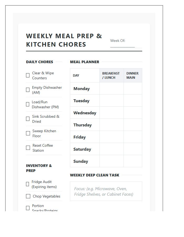 Functional Weekly Meal Prep Chore Chart Printable