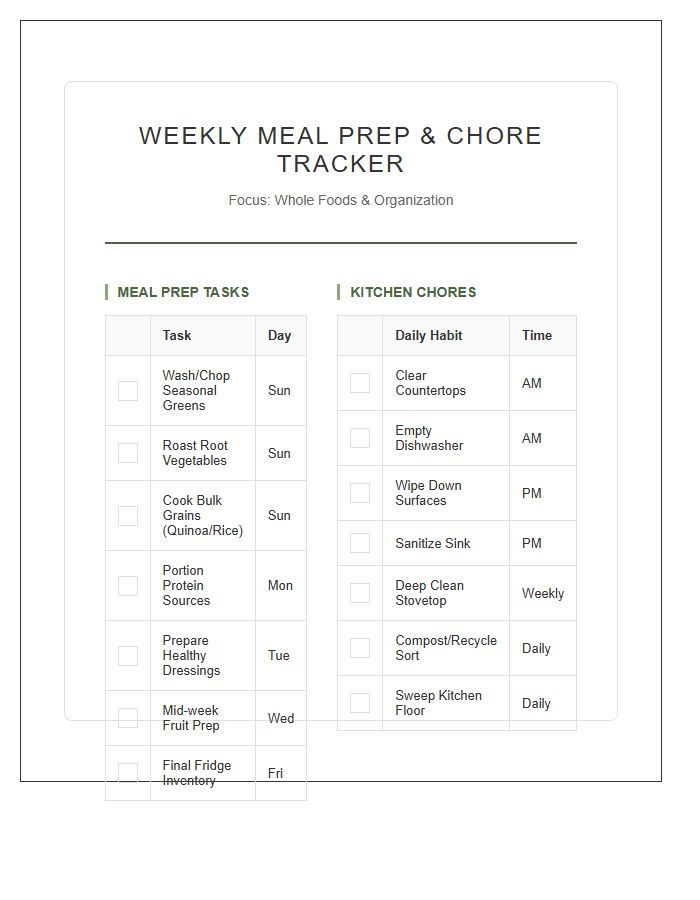 Healthy Weekly Meal Prep Chore Chart Printable