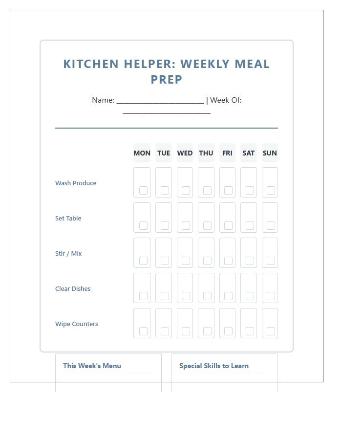Kids Weekly Meal Prep Chore Chart Printable