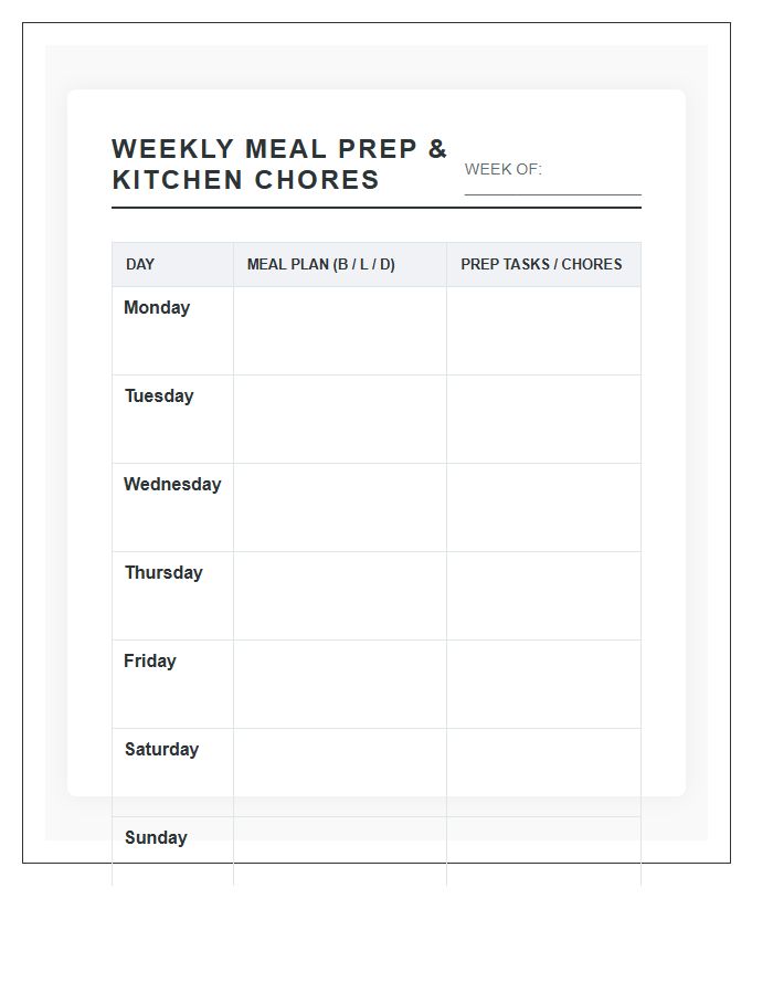 Kitchen Organization Weekly Meal Prep Chore Chart Printable