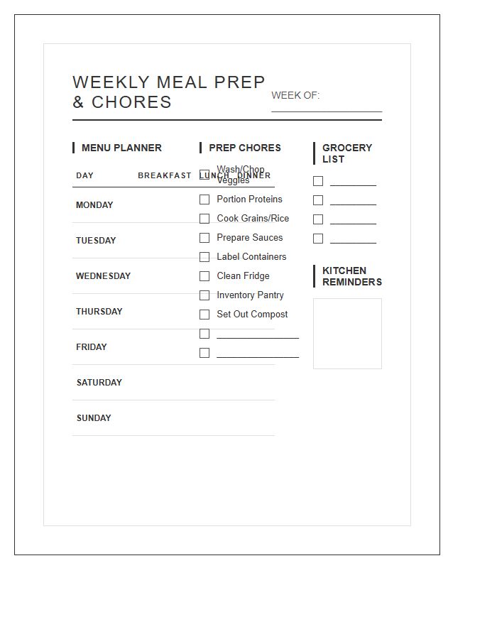 Landscape Weekly Meal Prep Chore Chart Printable