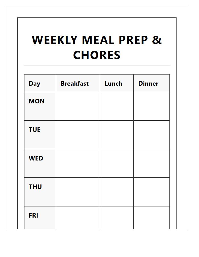 Large Print Weekly Meal Prep Chore Chart Printable