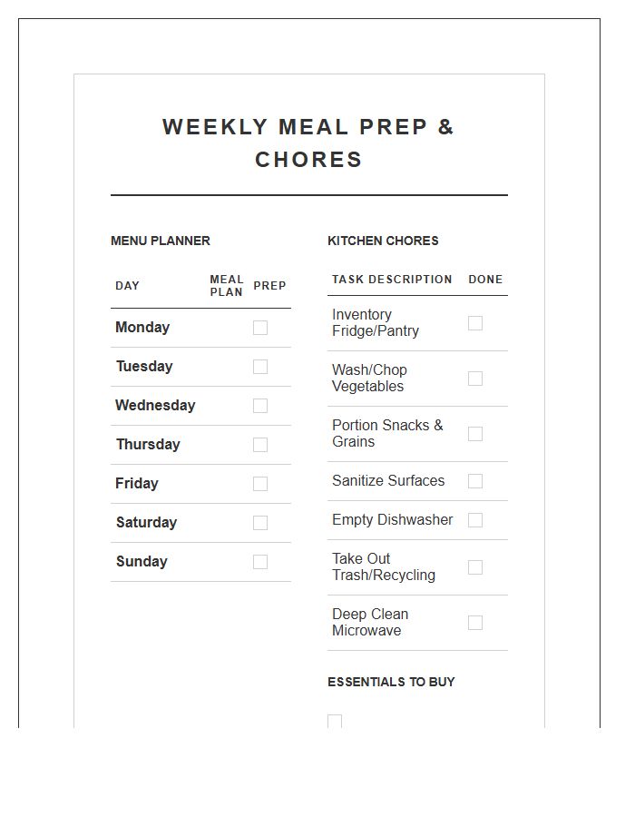Minimalist Weekly Meal Prep Chore Chart Printable