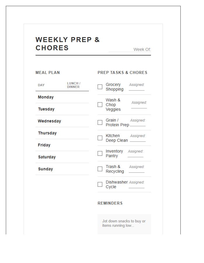 Modern Weekly Meal Prep Chore Chart Printable