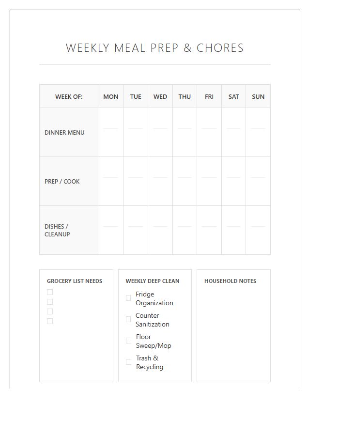 Shared Household Weekly Meal Prep Chore Chart Printable