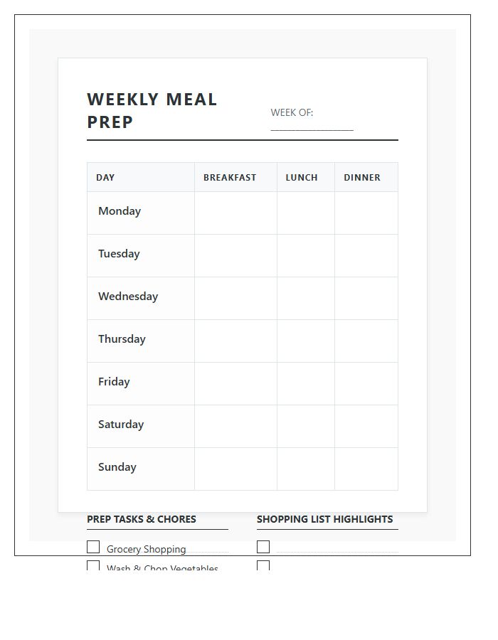 Simple Format Weekly Meal Prep Chore Chart Printable