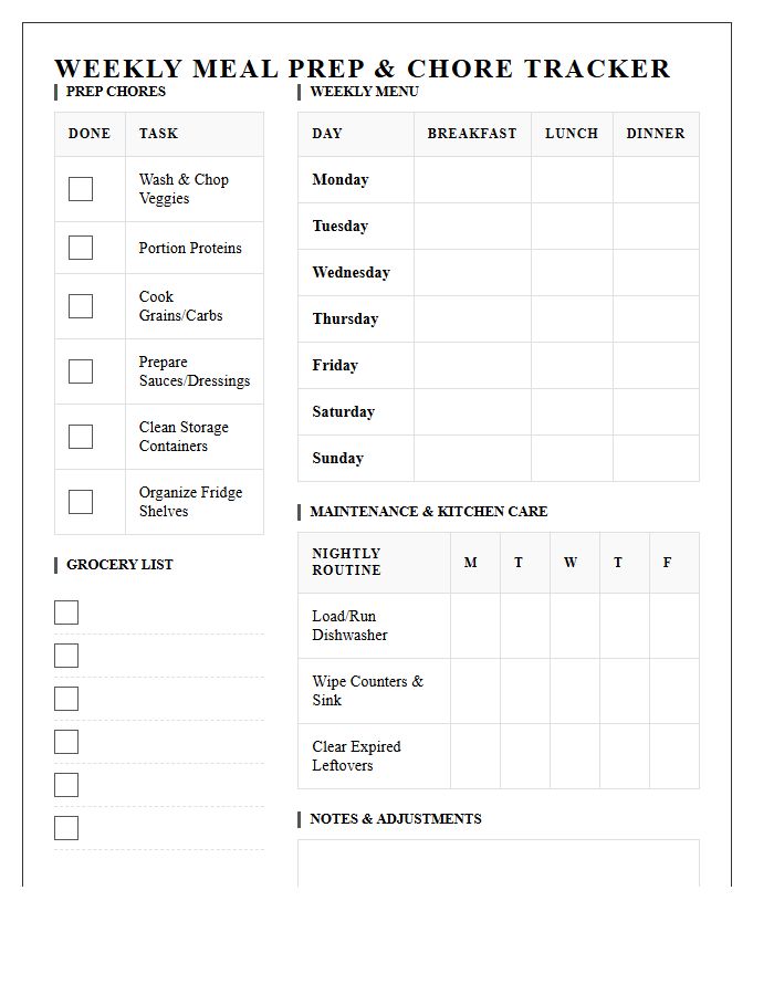 Structured Weekly Meal Prep Chore Chart Printable