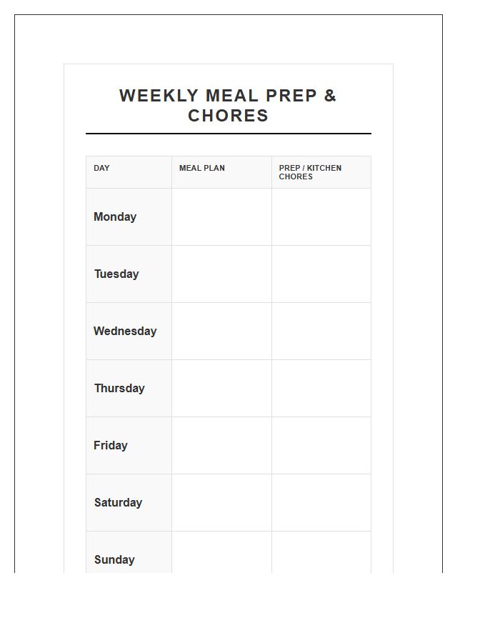 Vertical Weekly Meal Prep Chore Chart Printable