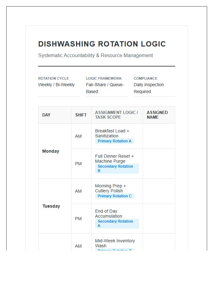 Comprehensive Dishwashing Rotation Logic Printable Chart