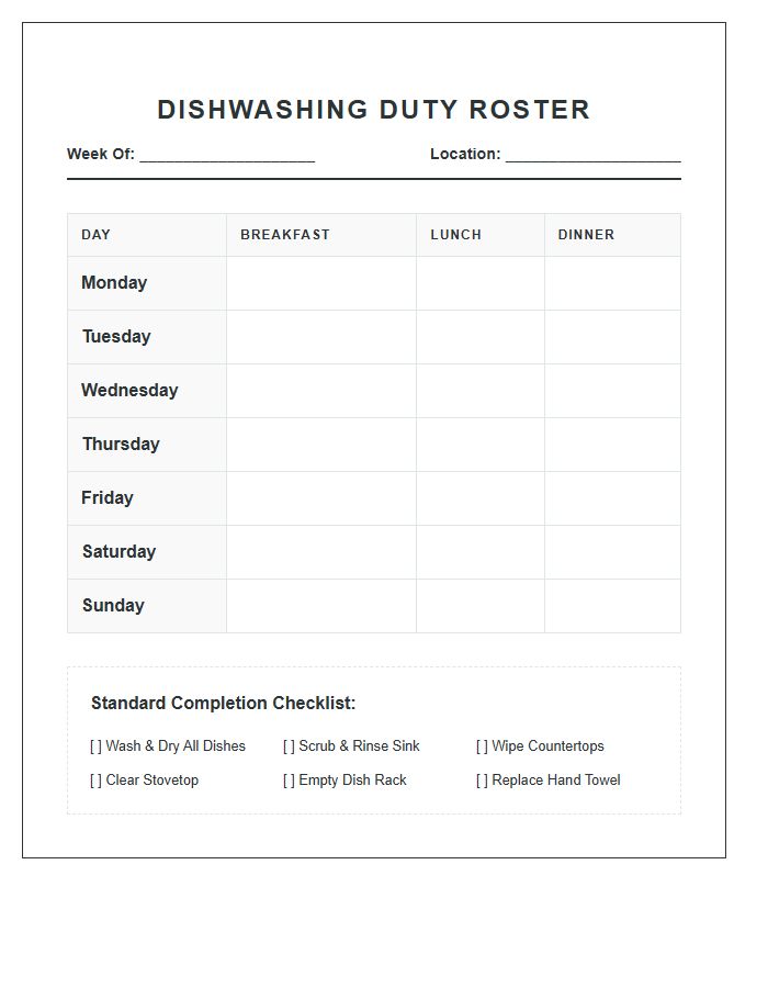 Functional Dishwashing Duty Roster Printable Chart