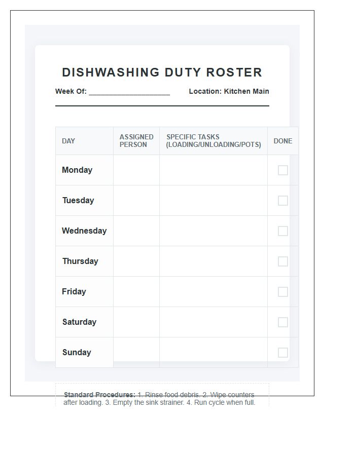 Household Dishwashing Chore Assignment Printable Chart