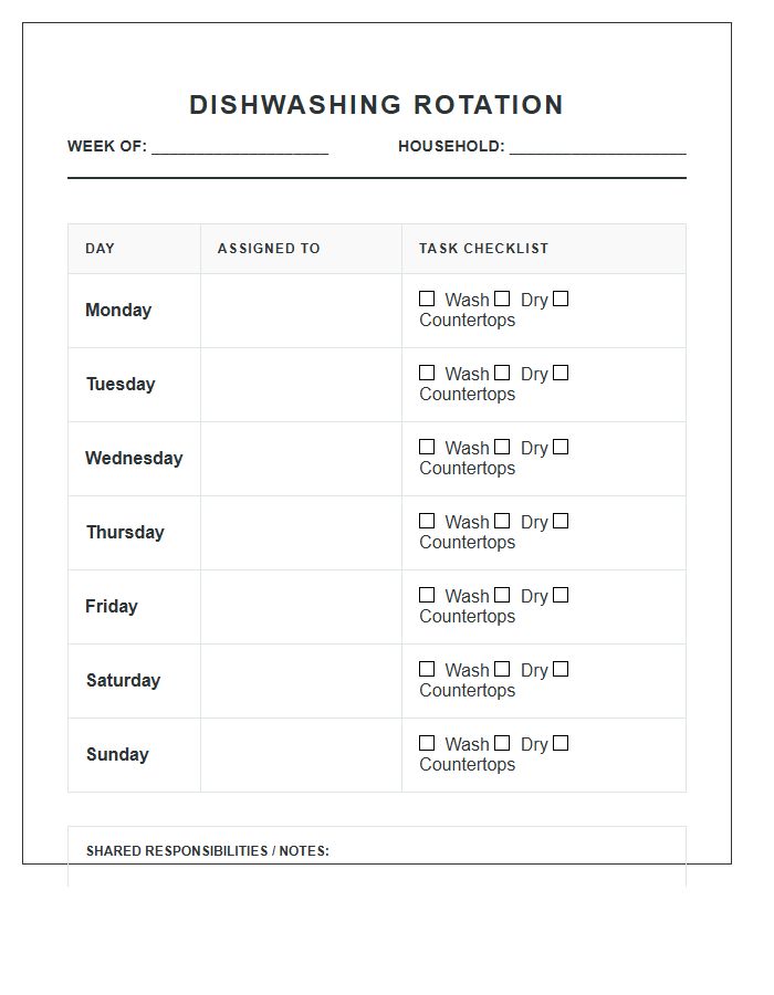 Multi Person Dishwashing Rotation Printable Chart