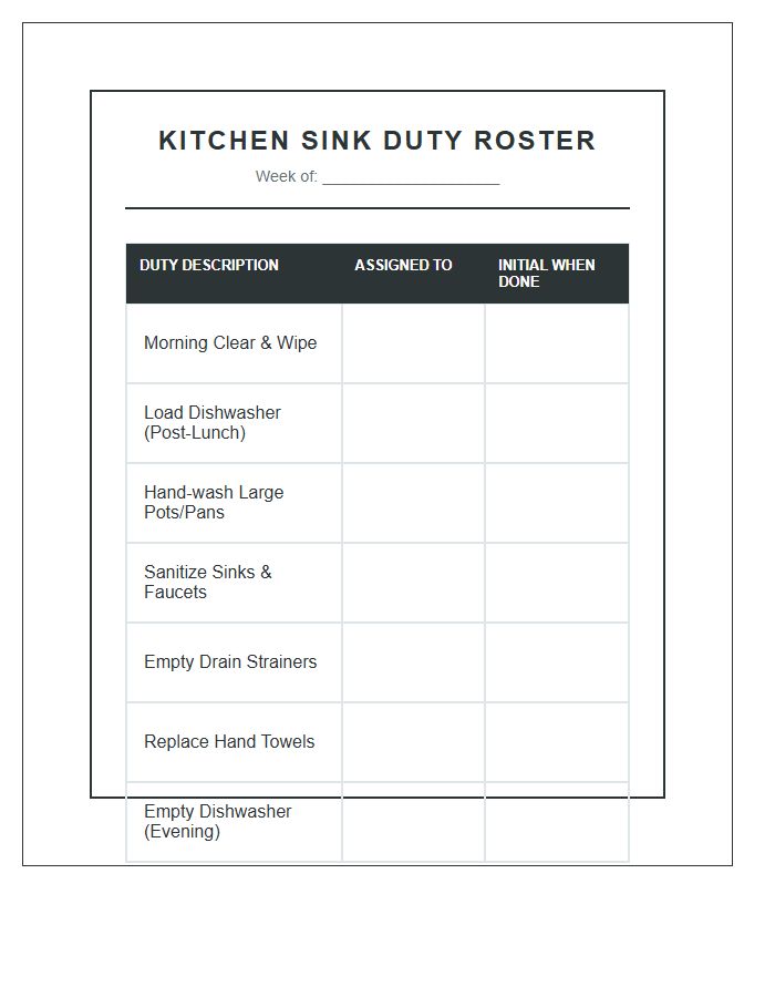 Organized Kitchen Sink Duty Printable Chart