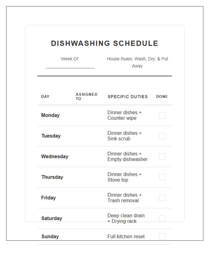 Roommate Dishwashing Responsibilities Printable Chart