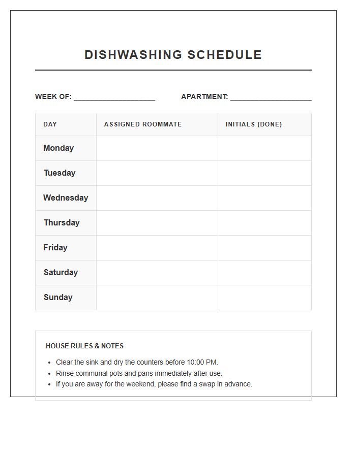 Shared Apartment Dishwashing Schedule Printable Chart