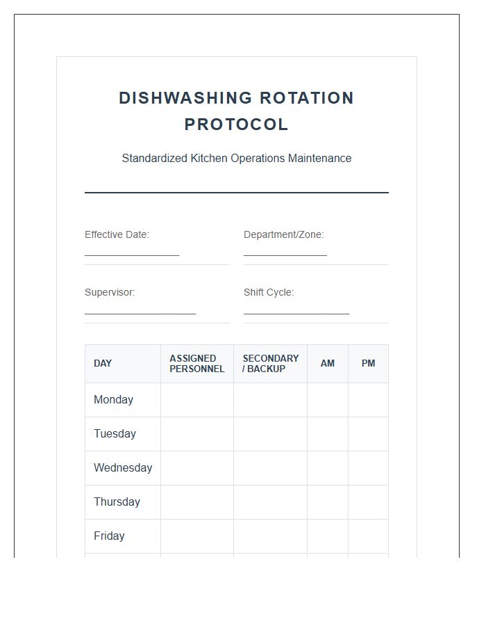 Standardized Dishwashing Rotation Protocol Printable Chart