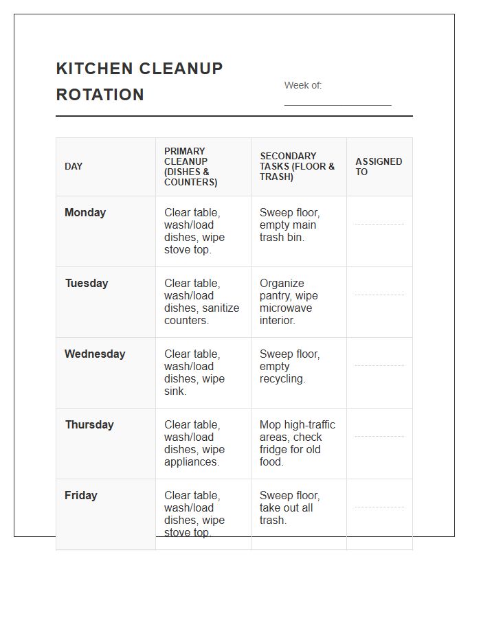 Structured Kitchen Cleanup Rotation Printable Chart