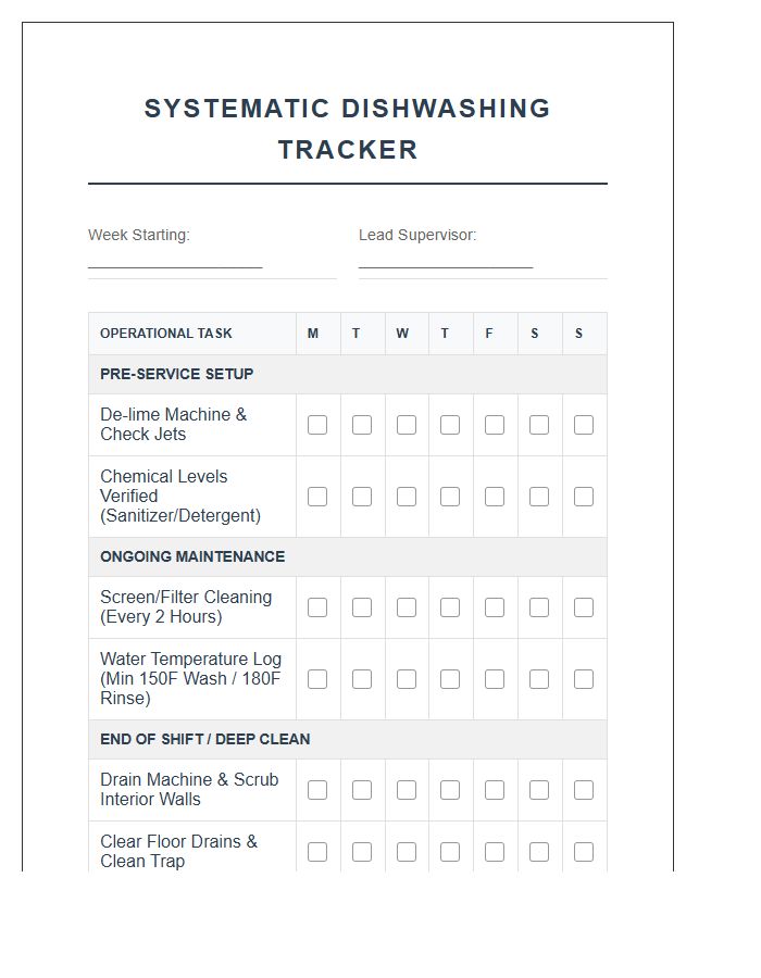 Systematic Dishwashing Task Tracker Printable Chart