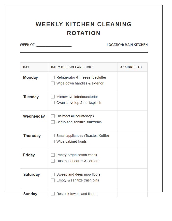 Weekly Kitchen Cleaning Rotation Printable Chart