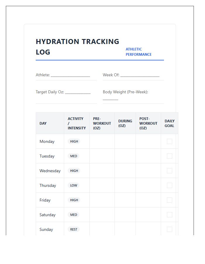 Athletic Performance Hydration Printable Chart