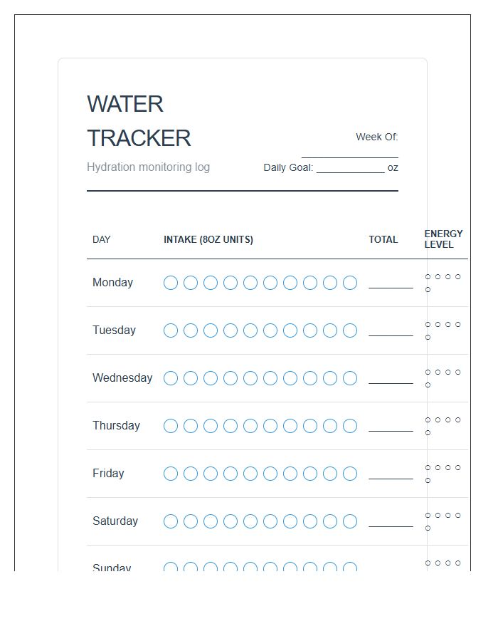 Comprehensive Water Log Printable Chart