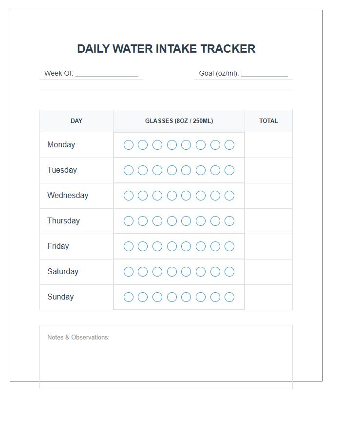 Daily Water Intake Tracker Printable Chart