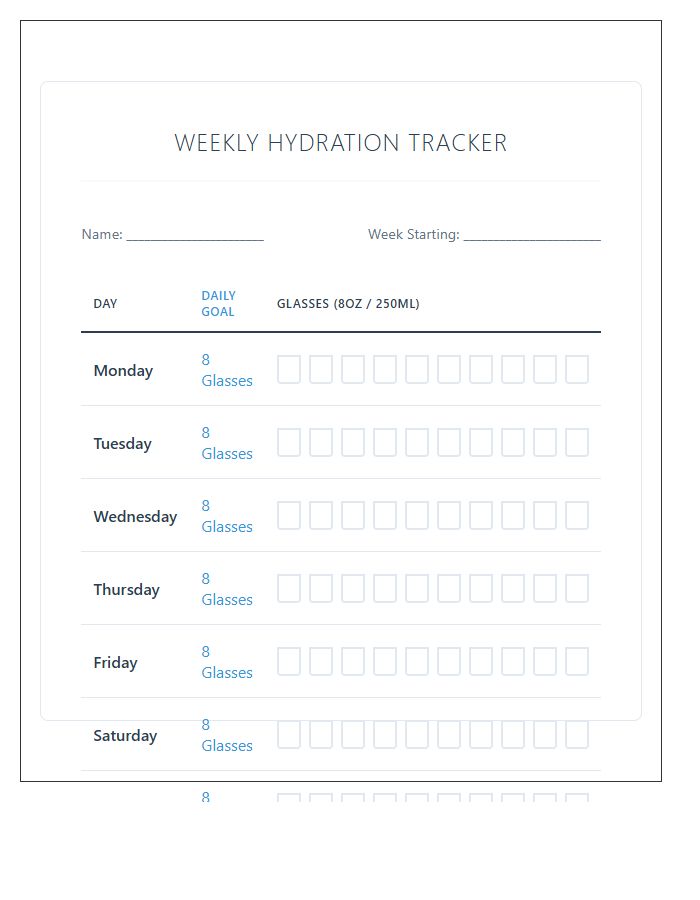 Healthy Water Consumption Printable Chart