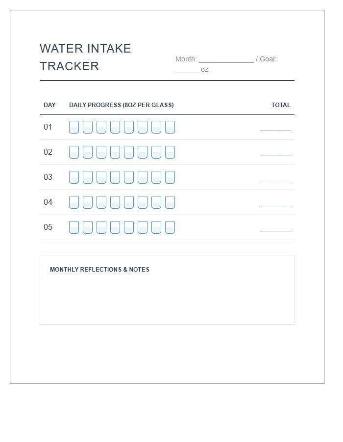 Monthly Water Intake Tracker Printable Chart