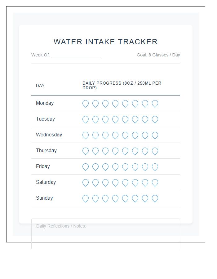 Personal Wellness Water Intake Printable Chart