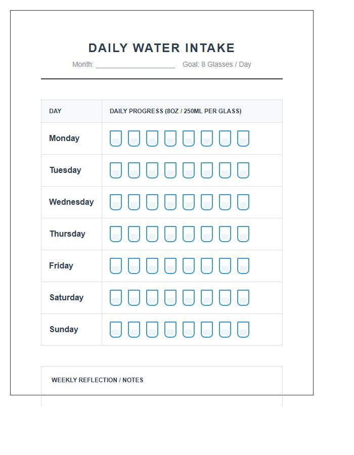 Simple Daily Water Habit Printable Chart