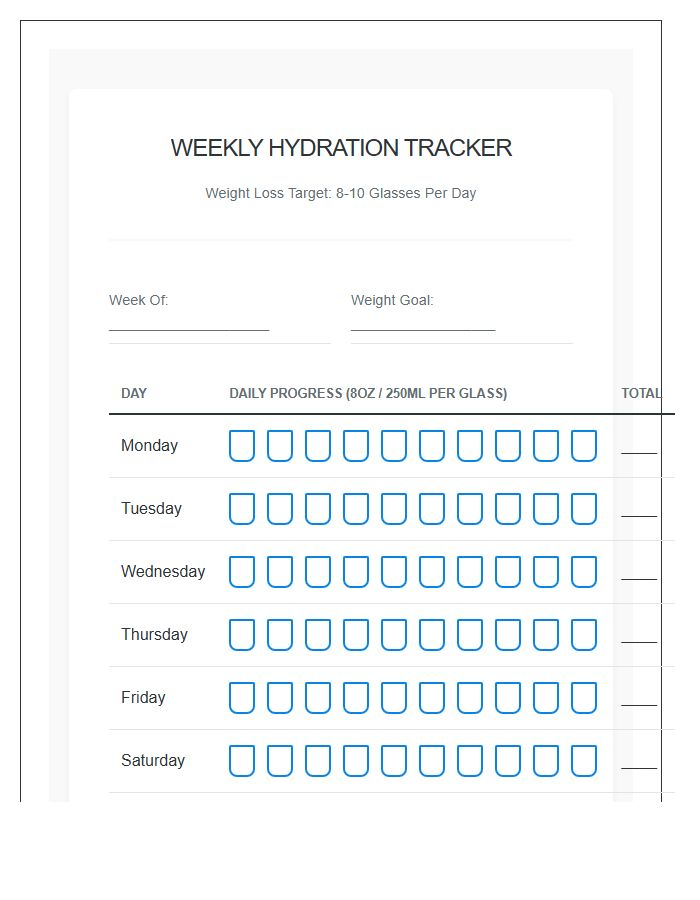 Weight Loss Water Intake Printable Chart