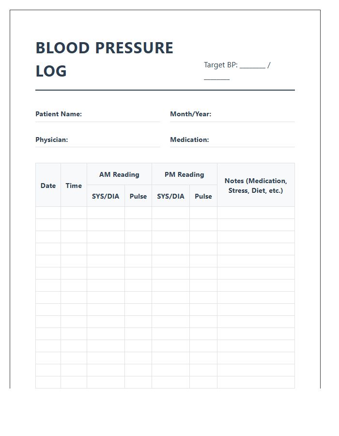 Detailed Printable Blood Pressure Log Chart For Patients
