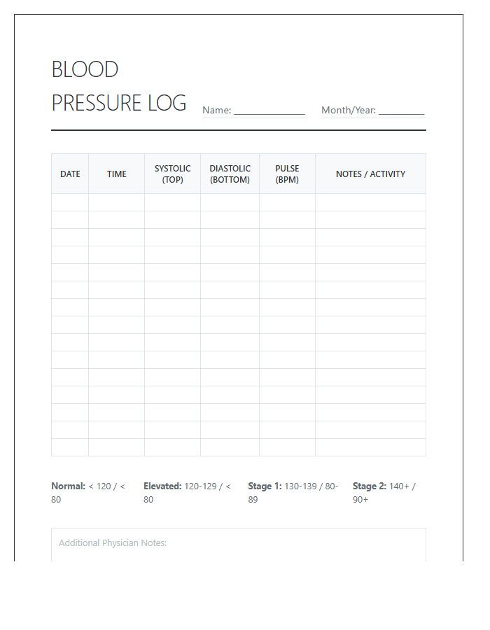 Monthly Printable Blood Pressure Log Chart Layout