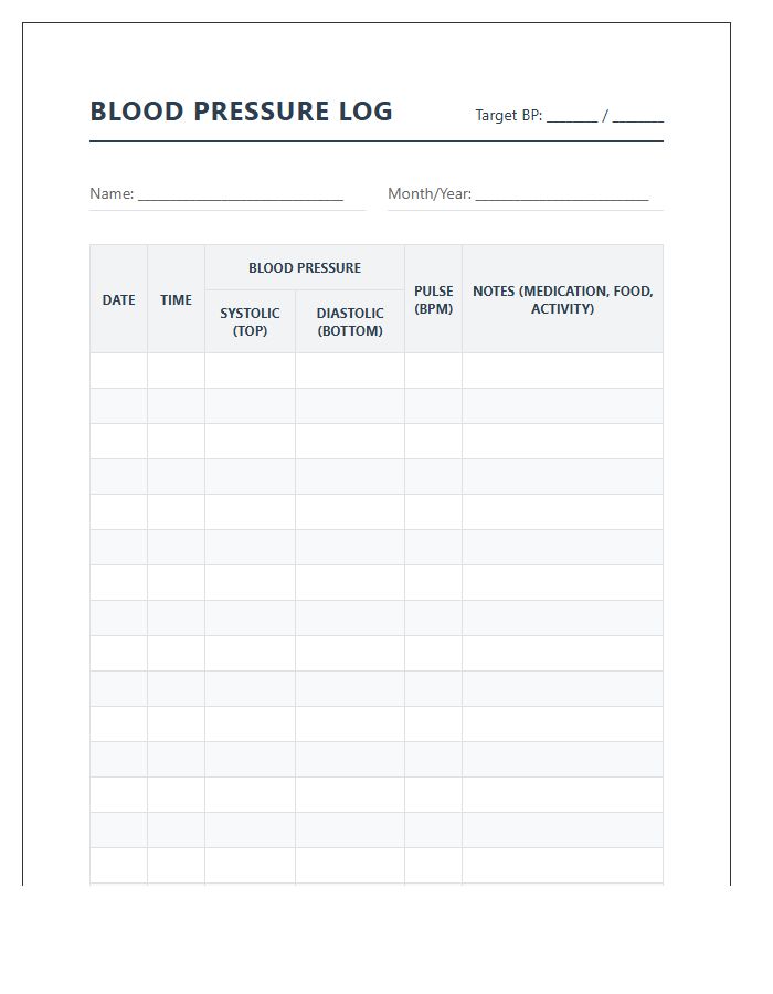 Printable Blood Pressure Log Chart For Health Tracking