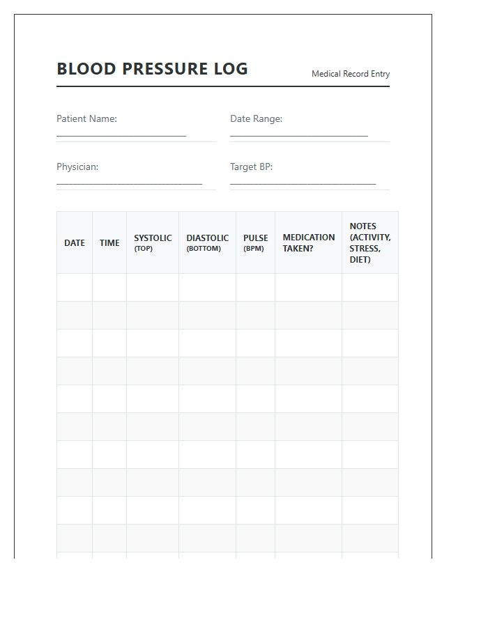 Printable Blood Pressure Log Chart For Medical Records