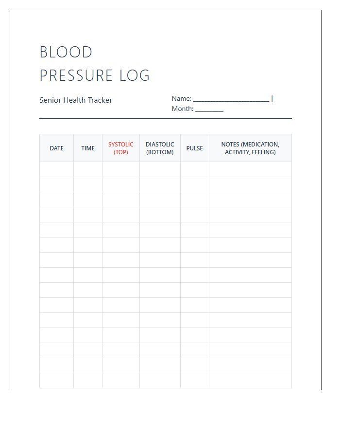 Printable Blood Pressure Log Chart For Seniors