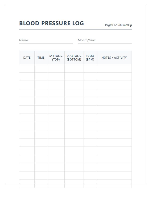 Simple Printable Blood Pressure Log Chart Design
