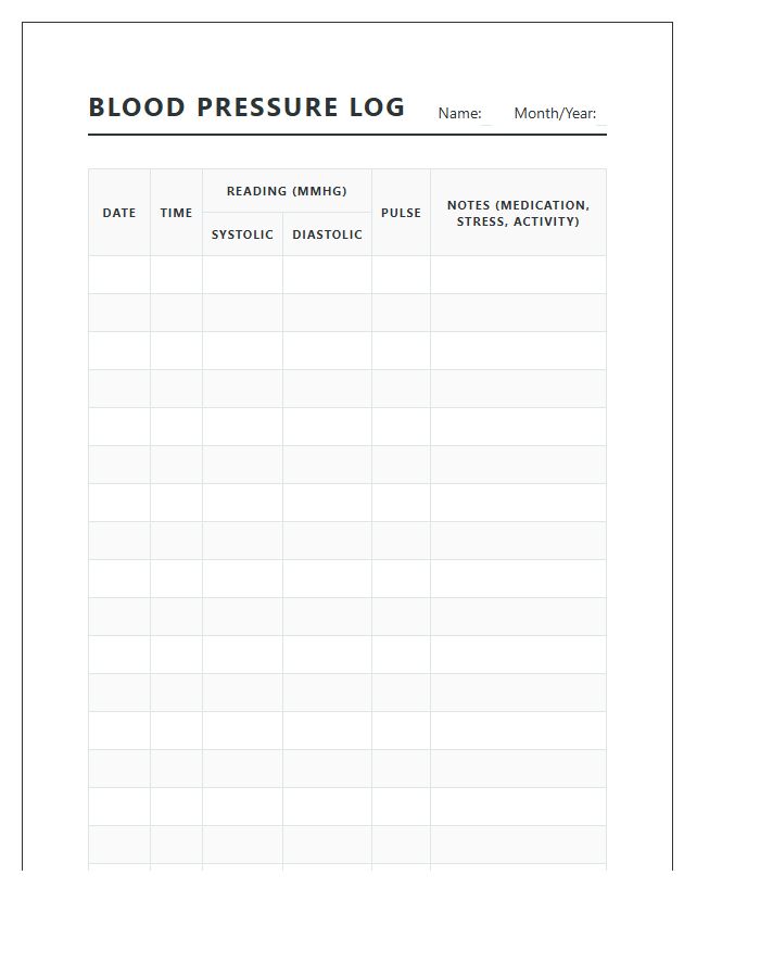 Standard Printable Blood Pressure Log Chart Paper