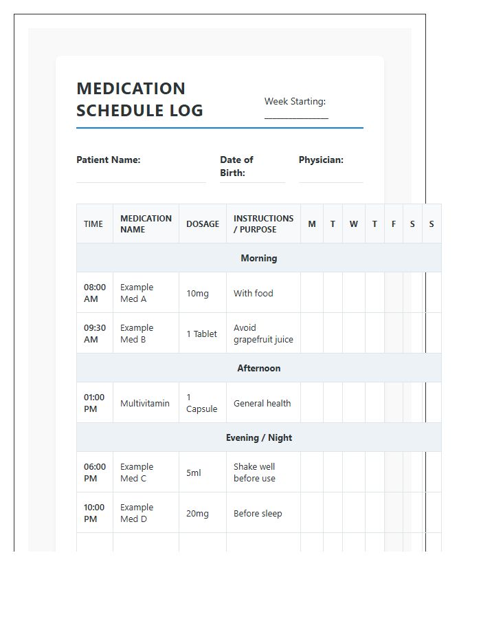 Printable Detailed Medication Schedule Log Chart With Dosage