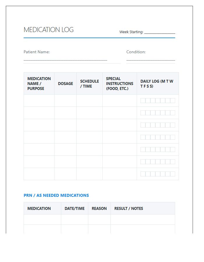 Printable Medication Schedule Log Chart For Chronic Illness