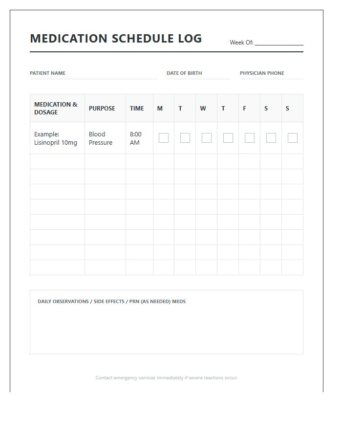 Printable Medication Schedule Log Chart For Elderly Care