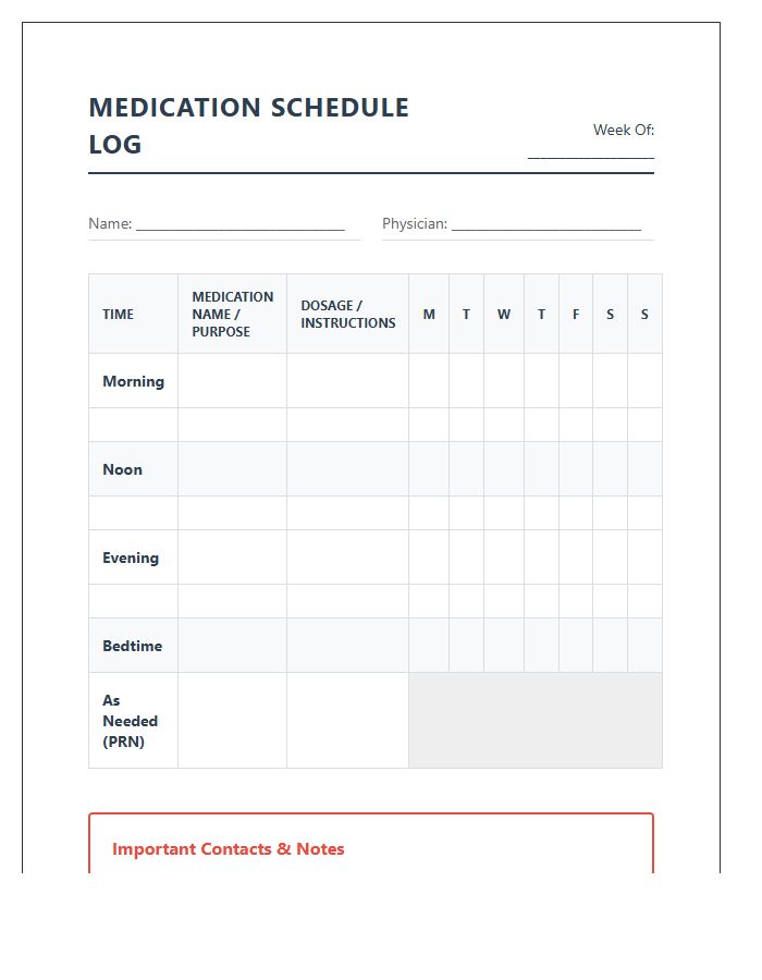 Printable Medication Schedule Log Chart For Seniors