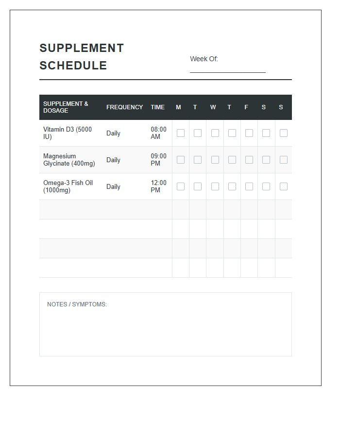 Printable Medication Schedule Log Chart For Supplements
